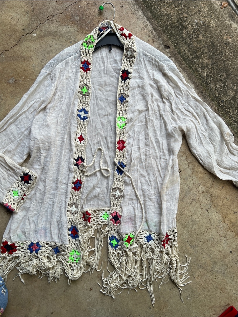 Boho Crochet Trim Fringe Cardigan - Cream with Neon Floral Accents